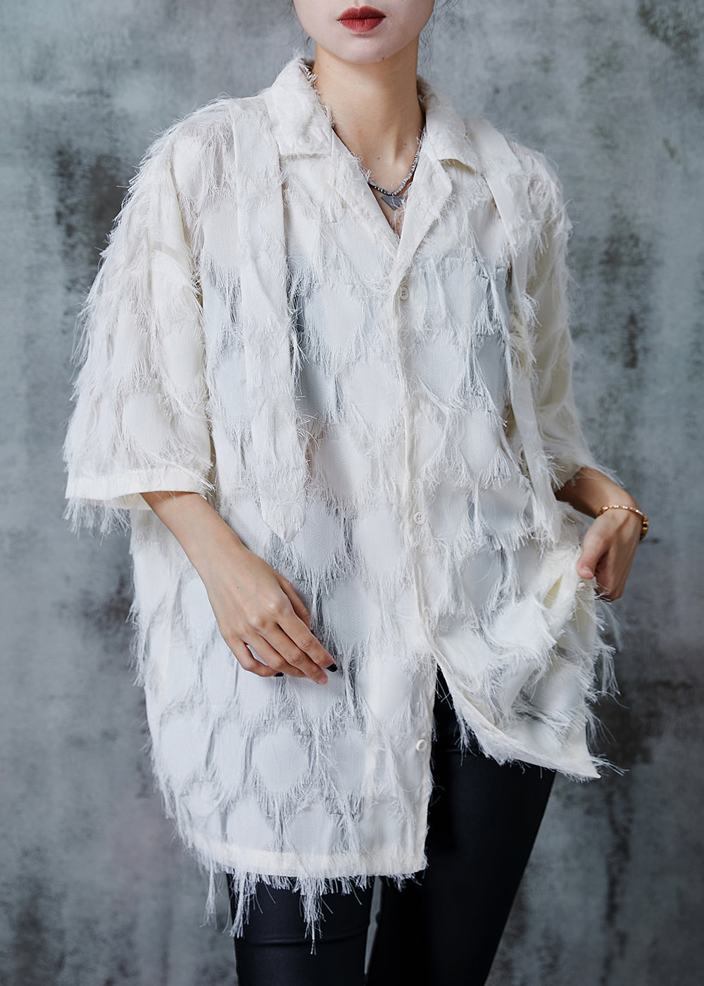 Beige Loose Cotton Shirts Tasseled Summer PZGY-STP240826
