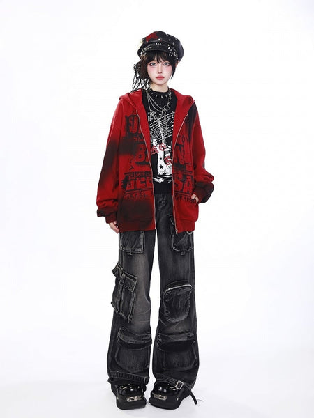 Dye Y2K Hoodie Letter Red/Black with Tie Print Design Jacket FashionChic