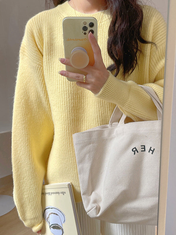 Cute Yellow Round-Neck Long Sleeve Sweater AN1041 Genistyle Shop