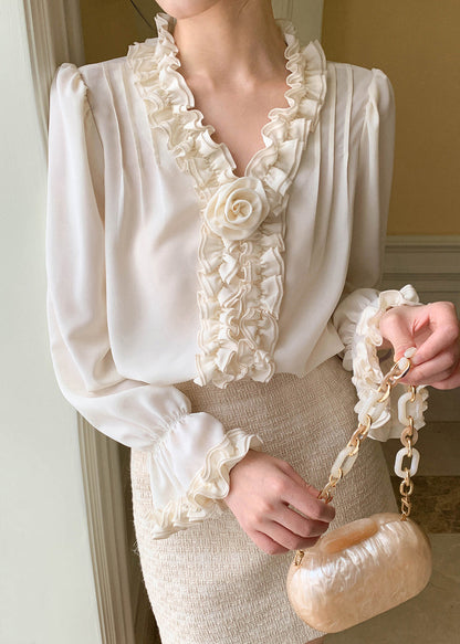 Apricot Art Shirt Petal Chiffon Solid Sleeve Ruffled FashionChic