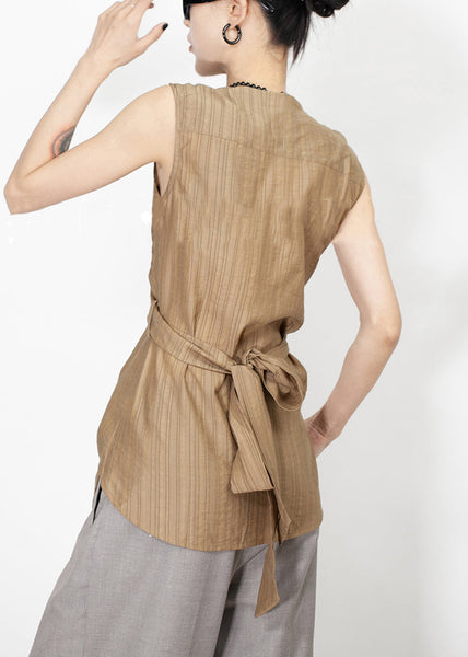 Stylish Brown V Neck Lace Up Silk Cotton Tank Sleeveless EE056 shopify