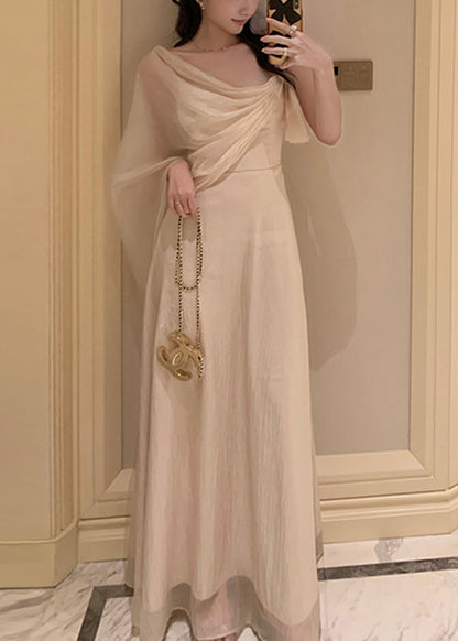 Summer Silk Solid Asymmetrical Apricot Maxi Dresses Elegant FashionChic