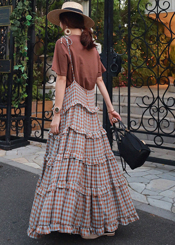 Blue Patchwork Sleeveless Plaid Ruffles Dress Long FashionChic