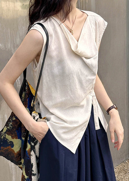 Beige Solid Cotton Blouse Tops Turtle Neck Sleeveless AF1044 HS-STP240914