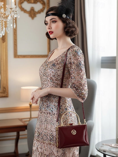 Evening Patent Burgundy Handbag with Gold Women's Leather FashionChic