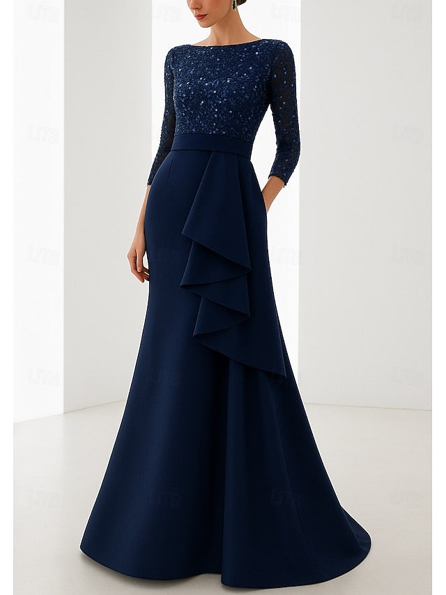 Elegant Formal Wedding Evening Black Gown Mermaid Blue Dress FashionChic