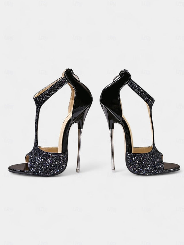 Glitter Stiletto Gold for with Toe Heels T-Strap and Design Open FashionChic