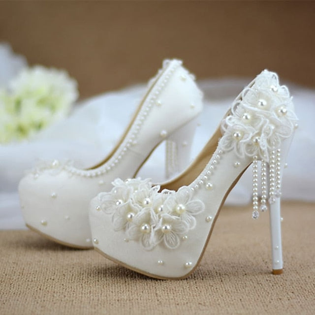 Wedding Platform White with Lace Floral Heels Women's FashionChic