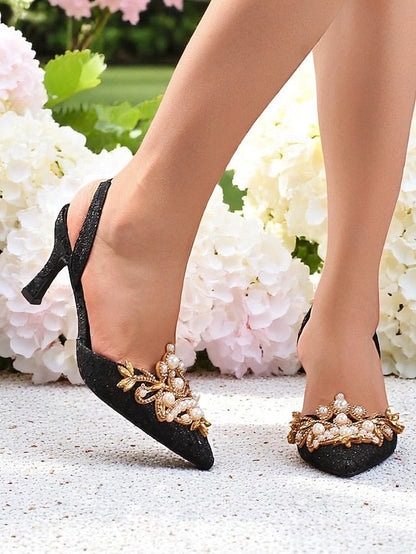 Heels Pearl Detailing Women's Satin Black - Slingback with FashionChic