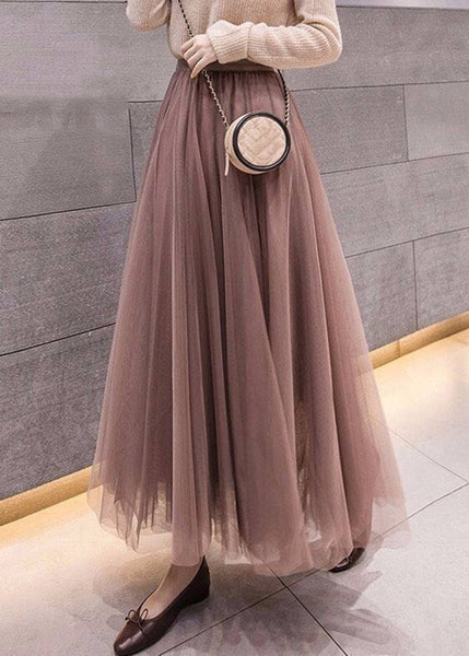Simple Coffee Solid Elastic Waist Tulle Skirt Spring RV020 ABC