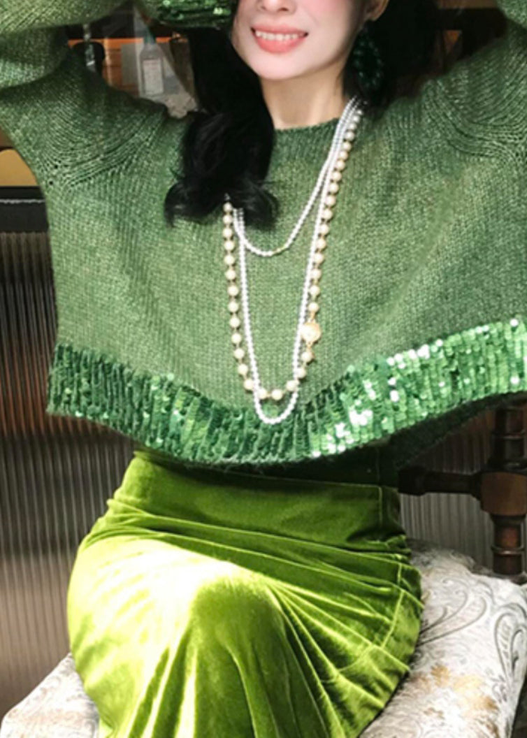 Fashion Green Hollow Out Cotton Knit Sweaters And Maxi Skirts Two Piece Set Winter WV002 ABC