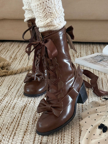 Mid-Calf Lolita Mid-heel Scalloped Brown Edge with Sweet Boots Detail Bow FashionChic