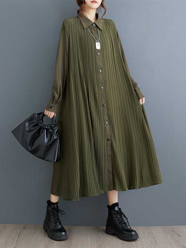 Stylish Army Green Lapel Buttoned Pleated Pockets Long Sleeves Shirt Dress WS001 shopify