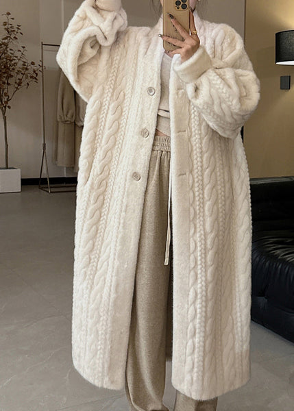 Casual Beige V Neck Button Mink Hair Leather And Fur Long Coats Winter WV022 ABC