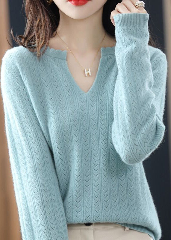 Simple White V Neck Ruffled Cotton Knit Sweaters Fall QP019 OL-NTP241001