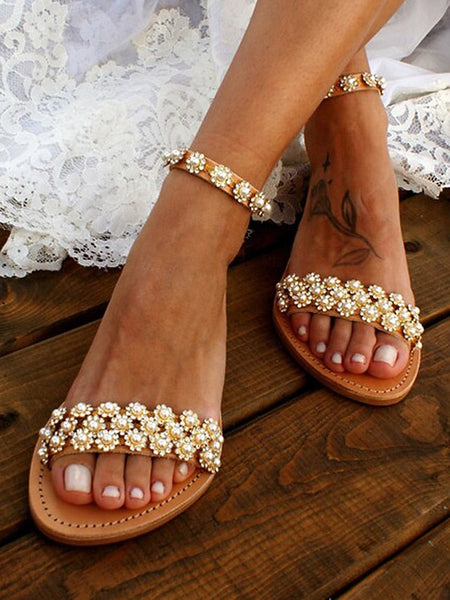 Beaded Ankle Chic Floral Flat with Boho for Straps Sandals FashionChic