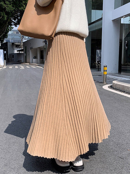 Brief Khaki High Waisted Pleated Striped A-Line Knit Skirt TW006 ABC