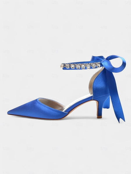 and Strap Blue Satin with Rhinestone Pointed-Kitten Ankle Heels FashionChic