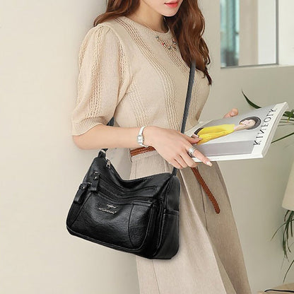 Shoulder Women's Bag Leather Black – Faux Multi-Pocket FashionChic