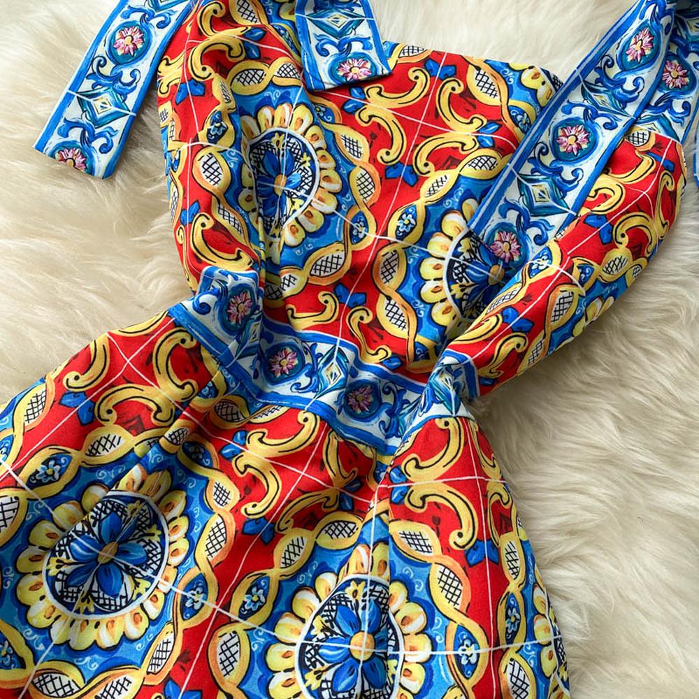 Retro Blue Square Neck Contrast Color Print Bow Decor Strap Ruffled Hem Dress AR1024 shopify
