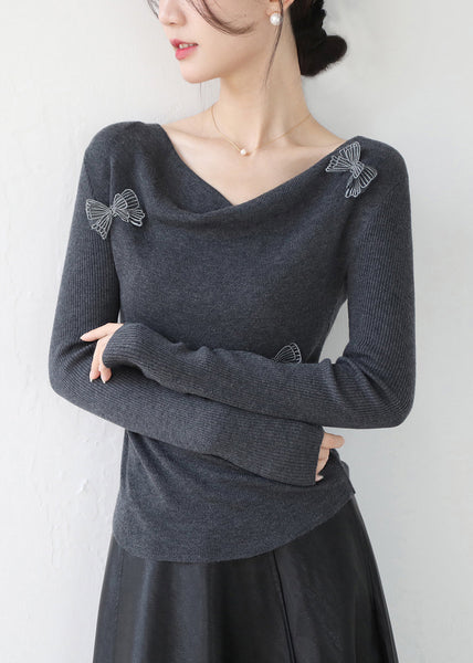 Original Design Grey Slash Neck Butterfly Knit Top Winter RV029 ABC
