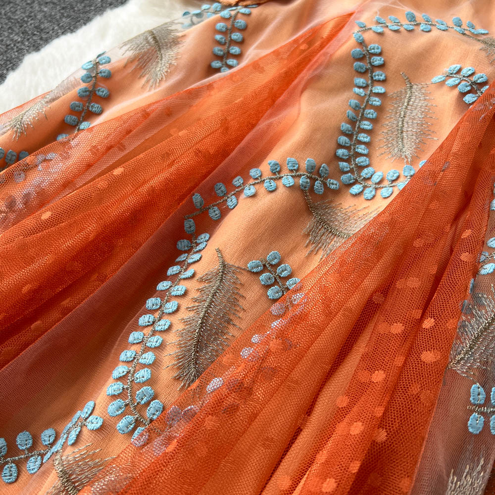 Italian Orange V-Neck Embroidery Tulle Long Sleeve Dress AR1005 shopify