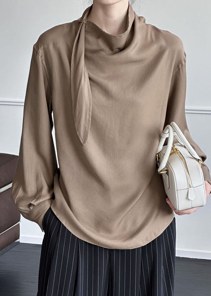 Coffee Solid Cotton Shirt Asymmetrical Fall AF1002 HS-LTP240914