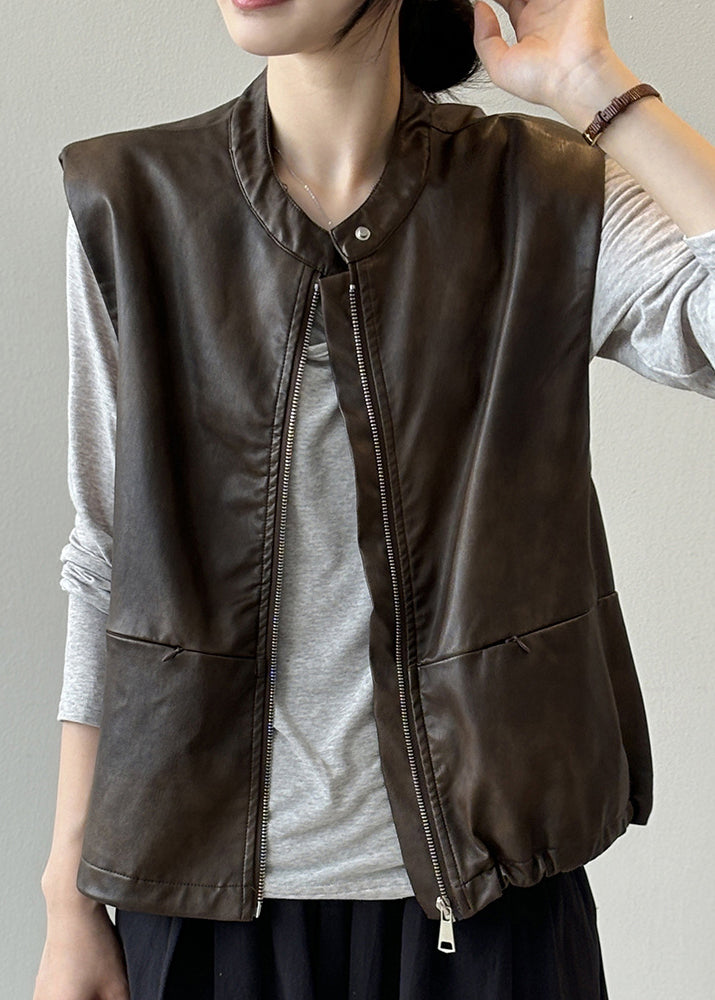 Style Coffee Zip Up Faux Leather Vest Tops Sleeveless WD014 HS-VTP241103