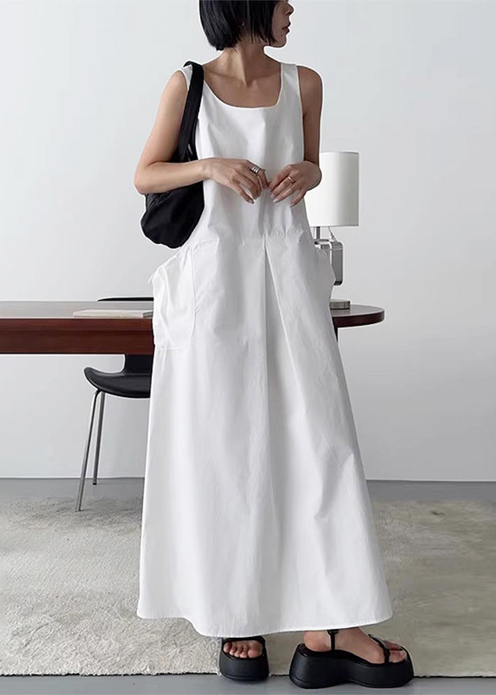 Women Neck Cotton Dresses White Robe Sleeveless U FashionChic
