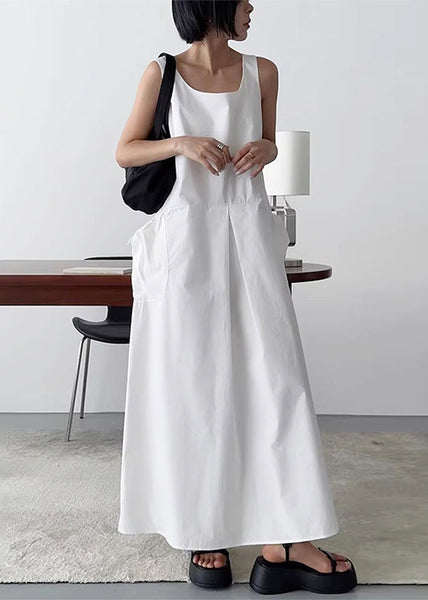 Women Neck Cotton Dresses White Robe Sleeveless U FashionChic