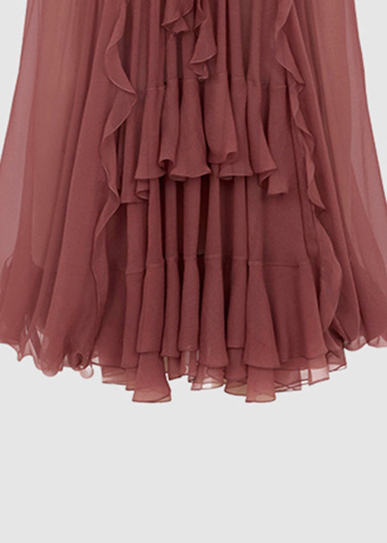 Chiffon Patchwork Tops Brick French Fall Ruffled Shirt Red FashionChic