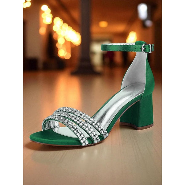 Satin Rhinestone Heel with Block Purple Women's Sandals FashionChic