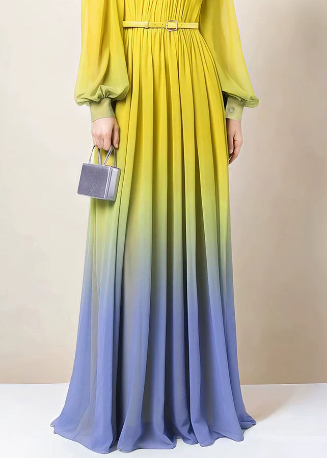 Dress Fall Button Chiffon Gradient Wrinkled Color Ankle Italian FashionChic