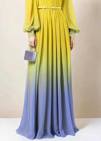 Dress Fall Button Chiffon Gradient Wrinkled Color Ankle Italian FashionChic