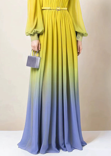 Dress Fall Button Chiffon Gradient Wrinkled Color Ankle Italian FashionChic