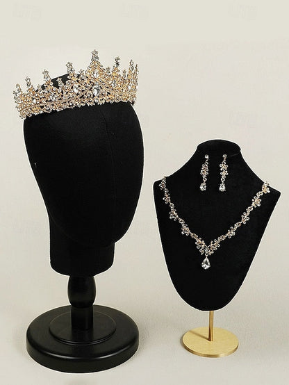 Crown Tiara and Necklace – Sparkling Diamond Set Gold-Plated FashionChic
