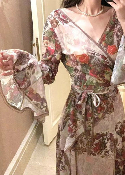 French V Neck Printed Tie Waist Cotton Dress Flare Sleeve TT1039 shopify