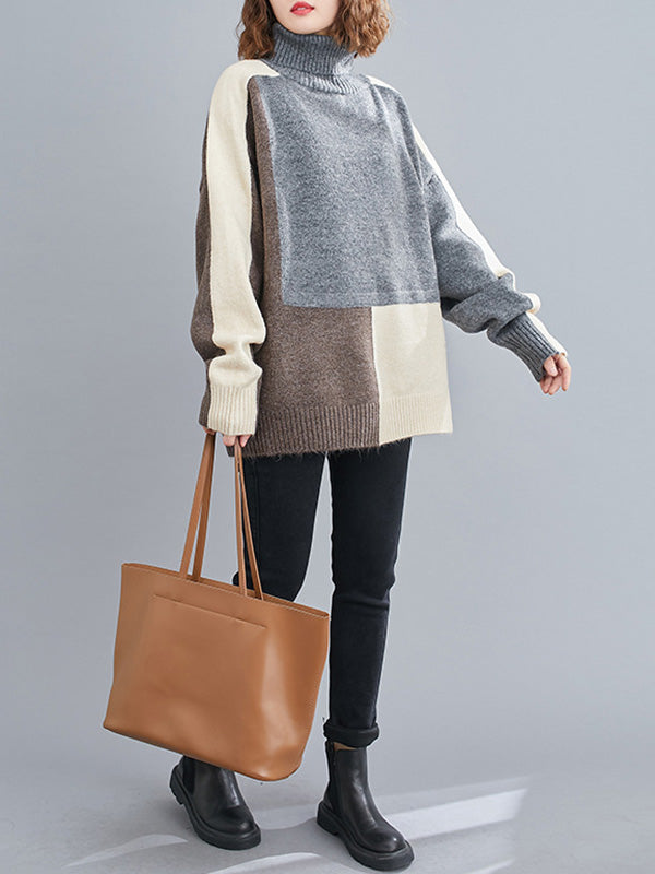Stylish Grey High-Neck Color-block Long Sleeve Knit Sweater AN1043 Genistyle Shop