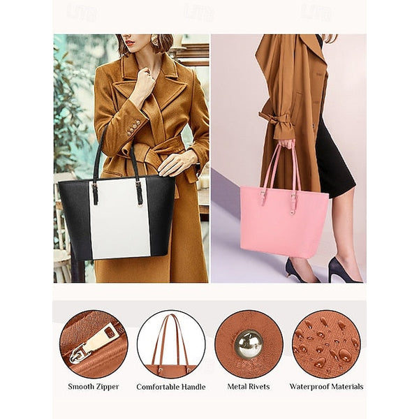 Faux Brown Leather Large Bag Classic Women's Tote - FashionChic