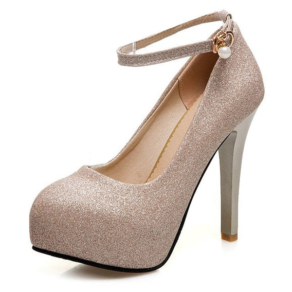 Stiletto Silver Heels Women's Glitter Ankle with Platform FashionChic