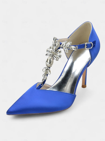 Heels Satin Blue Navy Toe – Pointed Women's T-Strap FashionChic
