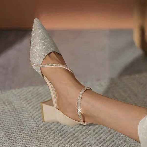 Mesh Women's Heels Pointed Glitter Ankle Block with Toe FashionChic