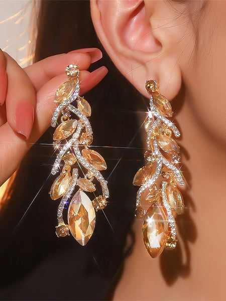 Leaf Earrings Crystal Women's Gold Design Elegant - FashionChic