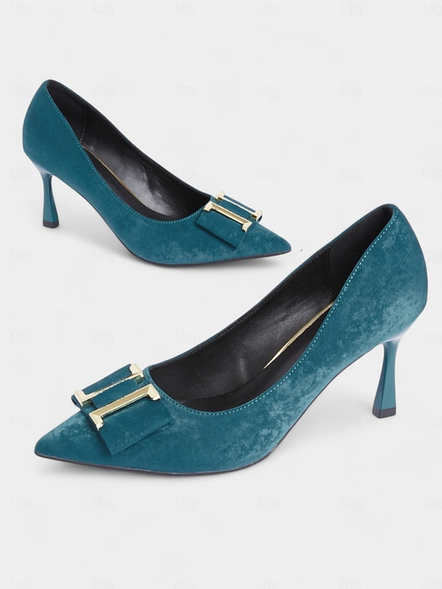 Teal Elegant Pointed - Heel Women's Pumps Toe Velvet Kitten FashionChic