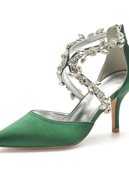 Heels Elegant Women's Satin White Crystal – Strap Pointed FashionChic