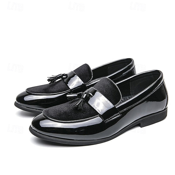 – Men's Black Faux Tassel Loafers Leather Patent Velvet FashionChic