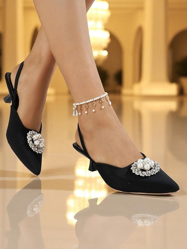 Pumps Satin with and Blue Women's Pearl Slingback FashionChic