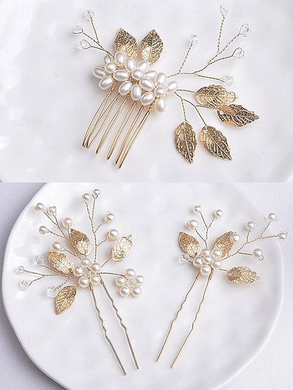 Leaf Faux Pearls Accessory Bridal Hair with Set and Silver Gold FashionChic