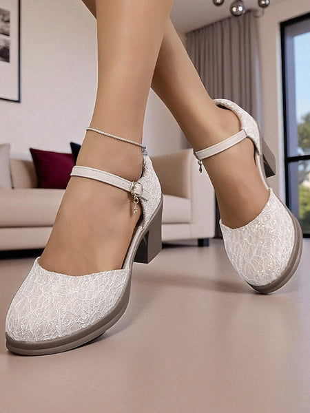 Jane Comfortable Mary Shoes Women's Low Lace Chunky - Heel FashionChic