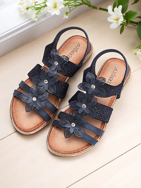 Sandals Women's Rhinestone Floral – Flat Elegant Beige FashionChic